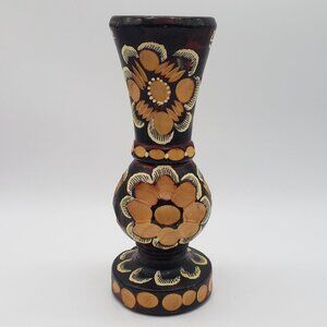 Romanian 2007 Hand Turned Hand Painted Floral Wooden Pedestal Vase - 8.75"